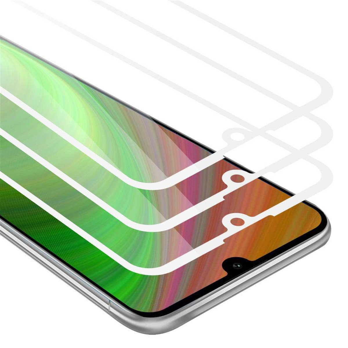 Telefono con protezioni schermo. Strati di vetro su schermo colorato. Sfondo bianco.