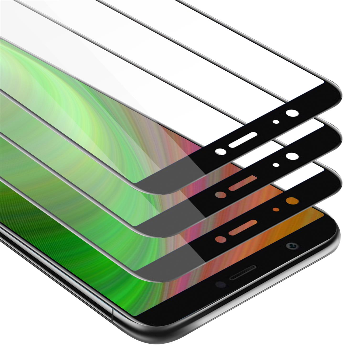 Tre strati di protezioni per schermo in vetro. Quello inferiore è installato su un telefono, mostrando sfumature verdi e arancioni.