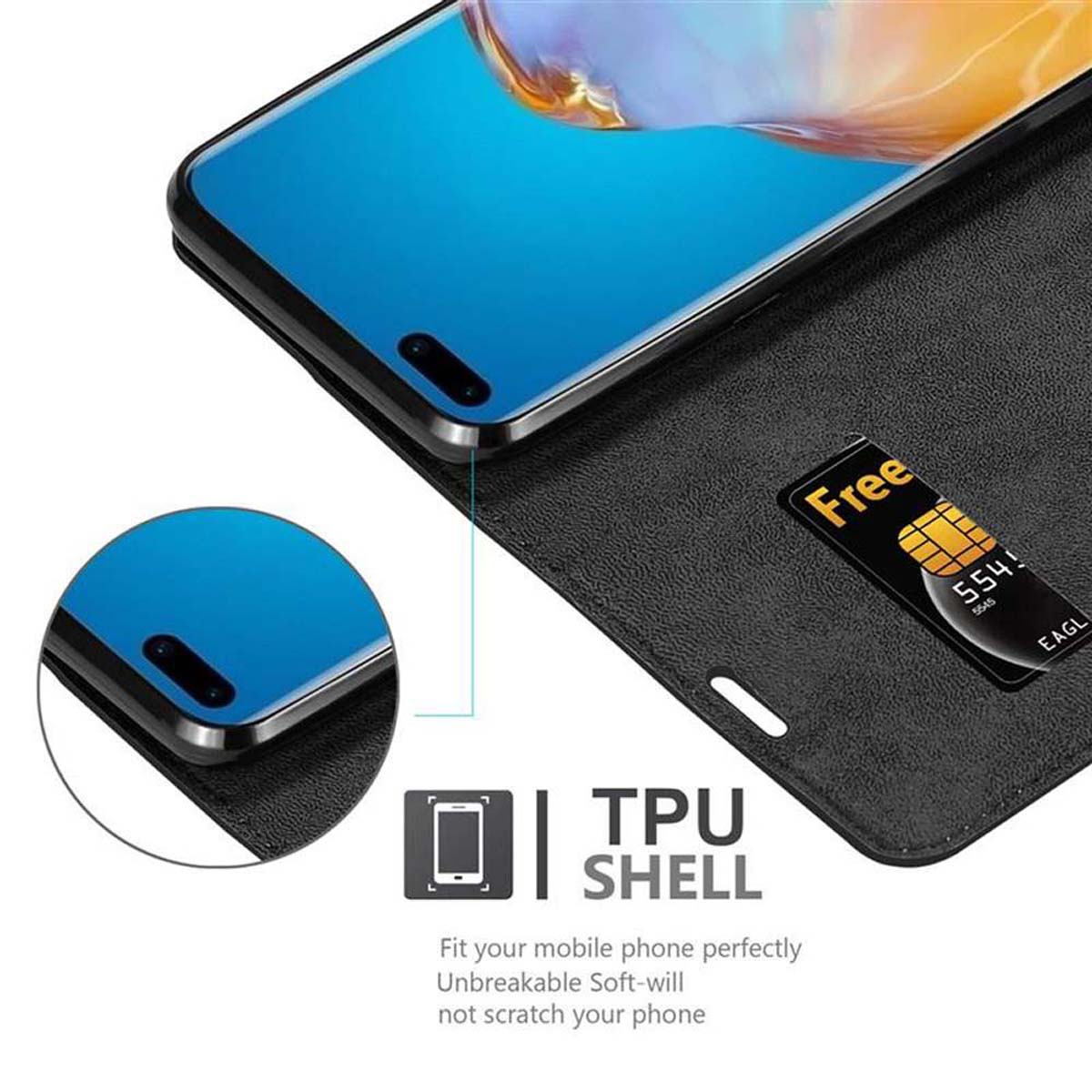 Una custodia per telefono mostra un telefono con schermo blu. Una scheda SIM è visibile all'interno.