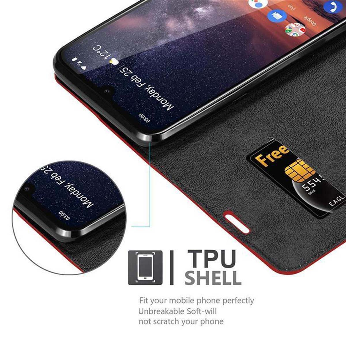 Un telefono con la custodia aperta, che mostra una carta di credito e lo schermo del telefono. Il display è visibile.