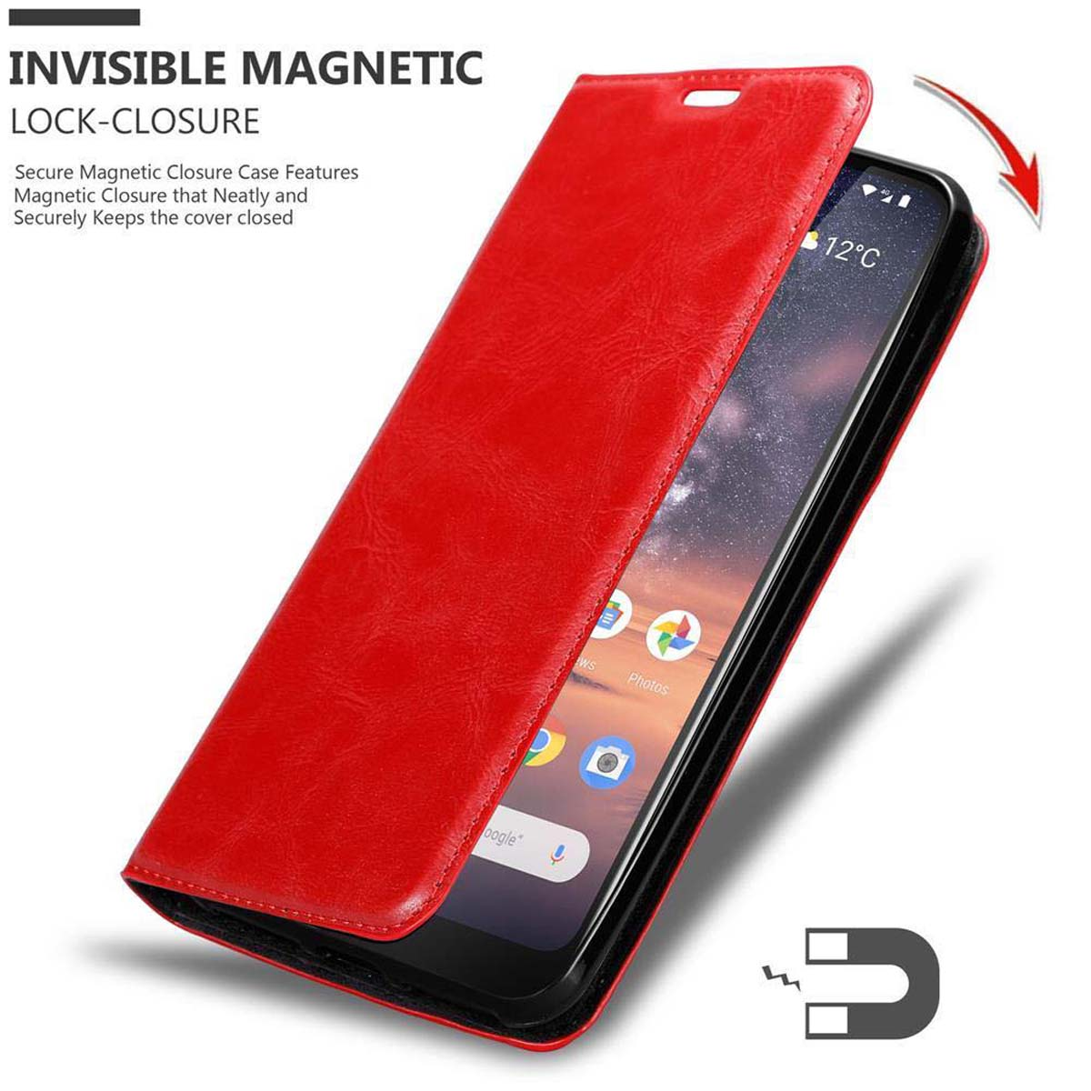 Custodia rossa del telefono aperta, che rivela lo schermo del telefono. Il telefono è acceso e mostra l'interfaccia.