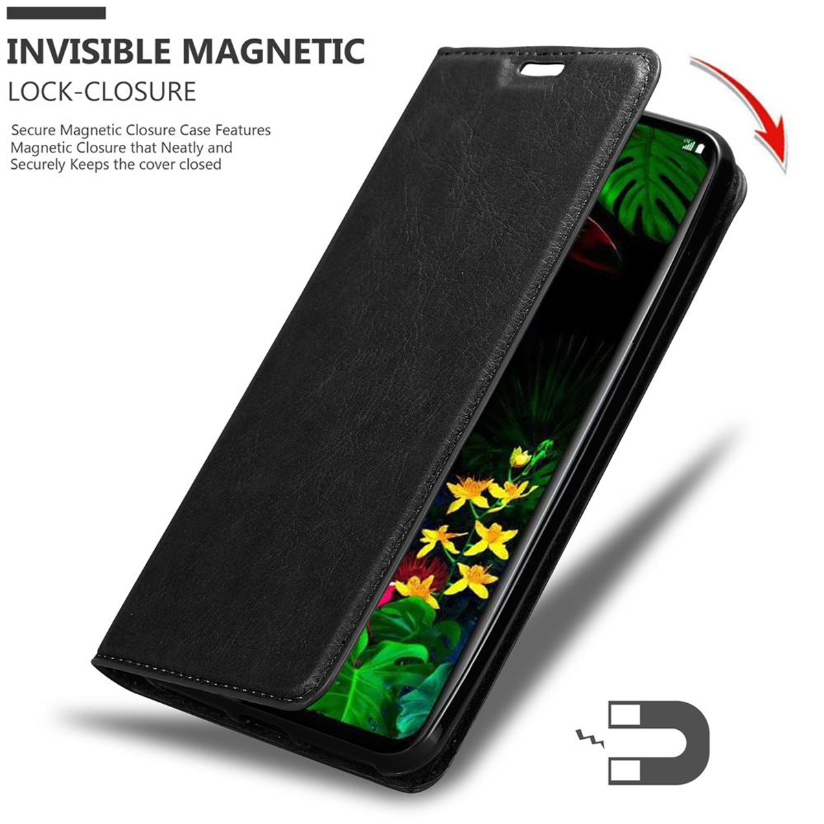Una custodia nera per telefono, aperta per mostrare un telefono, con un design di chiusura magnetica.
