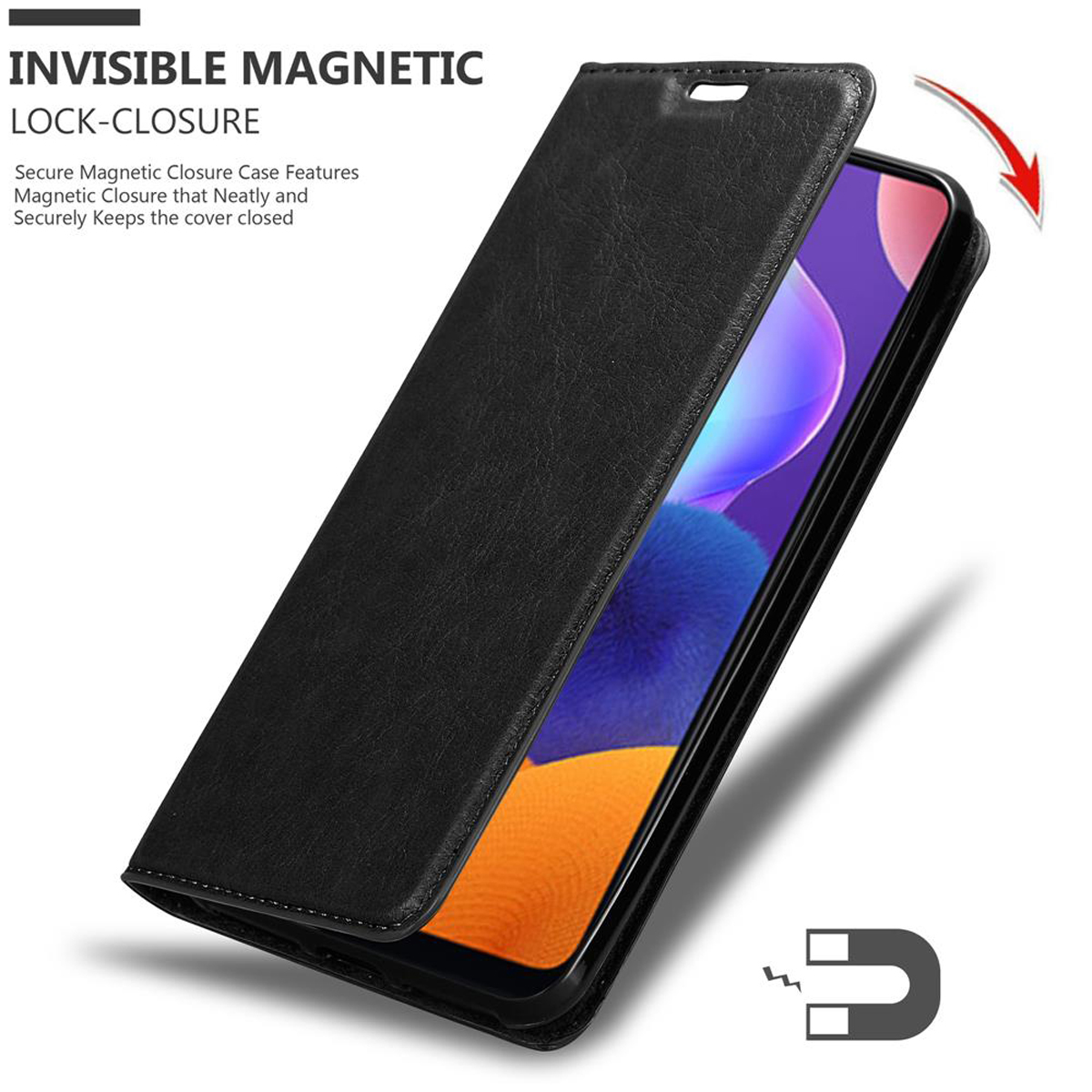 Schwarze Handyhülle, geöffnet, zeigt einen Telefonbildschirm. Text: 'Invisible Magnetic Lock-Closure'.