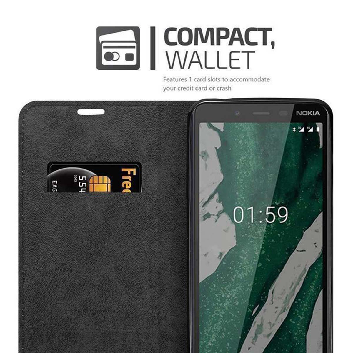 Custodia nera per telefono con design a portafoglio chiuso, una carta e un telefono all'interno.