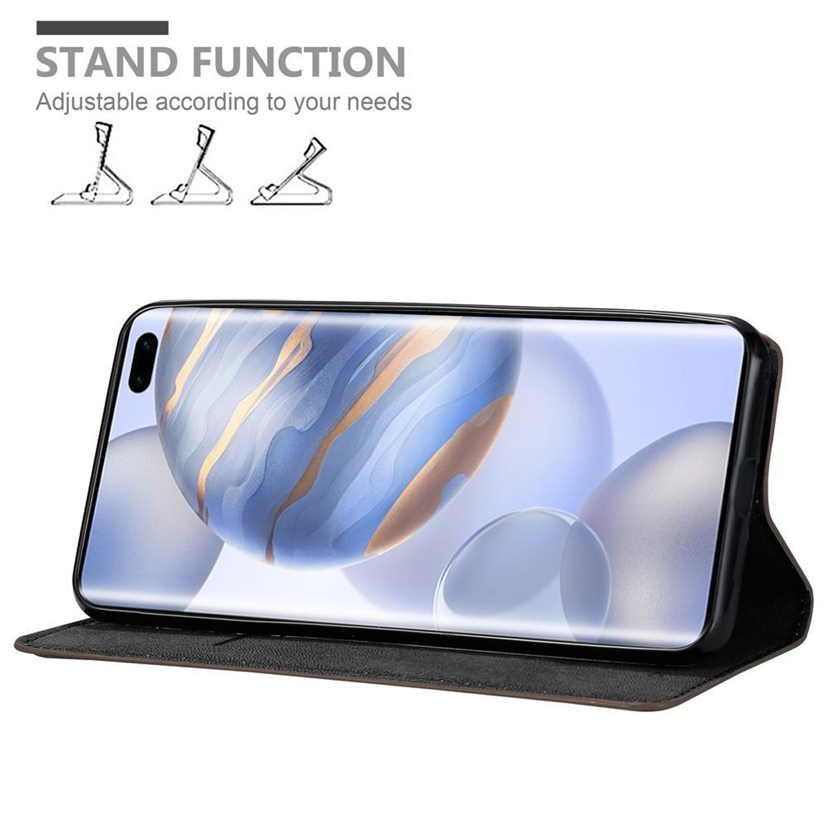 Schwarze Handyhülle mit aufgestelltem Telefon. Das Telefon zeigt ein unscharfes Bild.