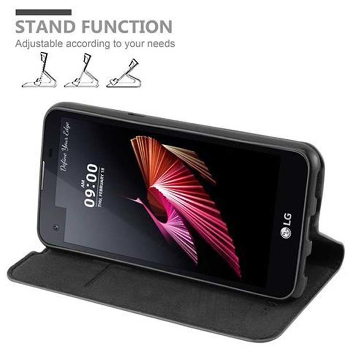Schwarzes Telefon in einer schwarzen Hülle, die aufgestellt ist. Der Telefonbildschirm zeigt ein rosa-lila Bild.