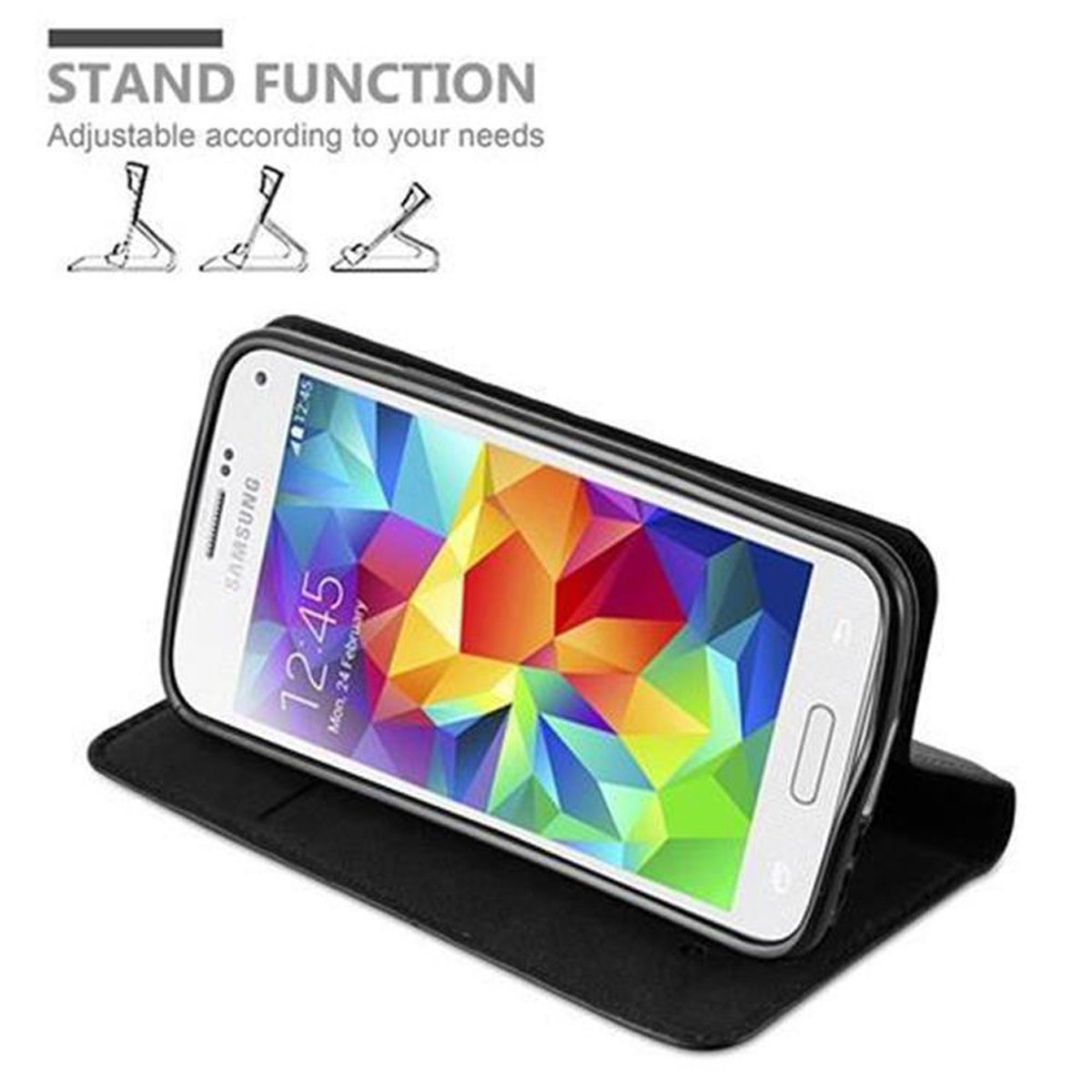 Custodia per telefono nera con uno smartphone all'interno, che mostra il telefono inclinato per la visualizzazione. Funzione supporto.