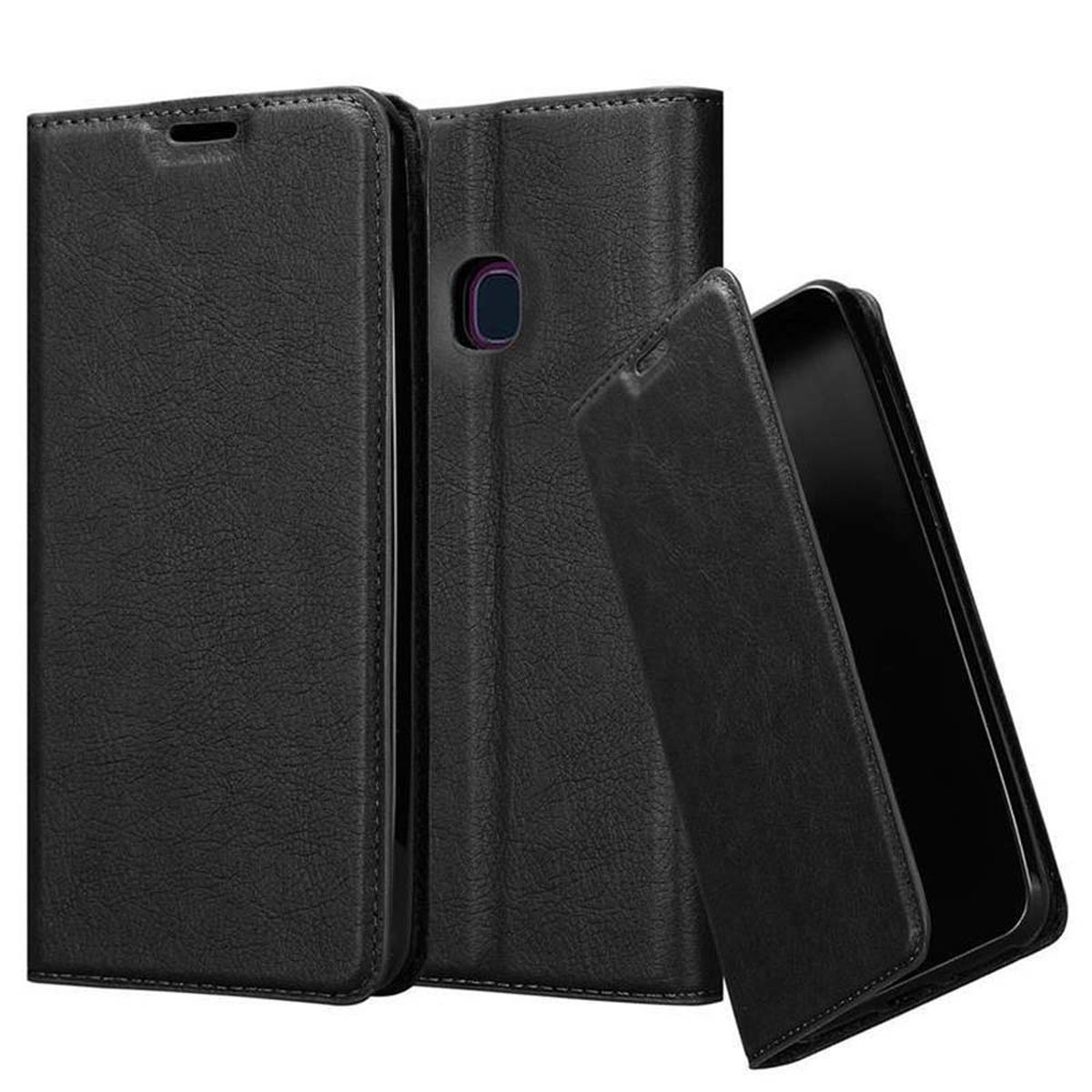 Funda de teléfono de cuero negro con tres partes. Una abierta, otra cerrada y otra con un teléfono.