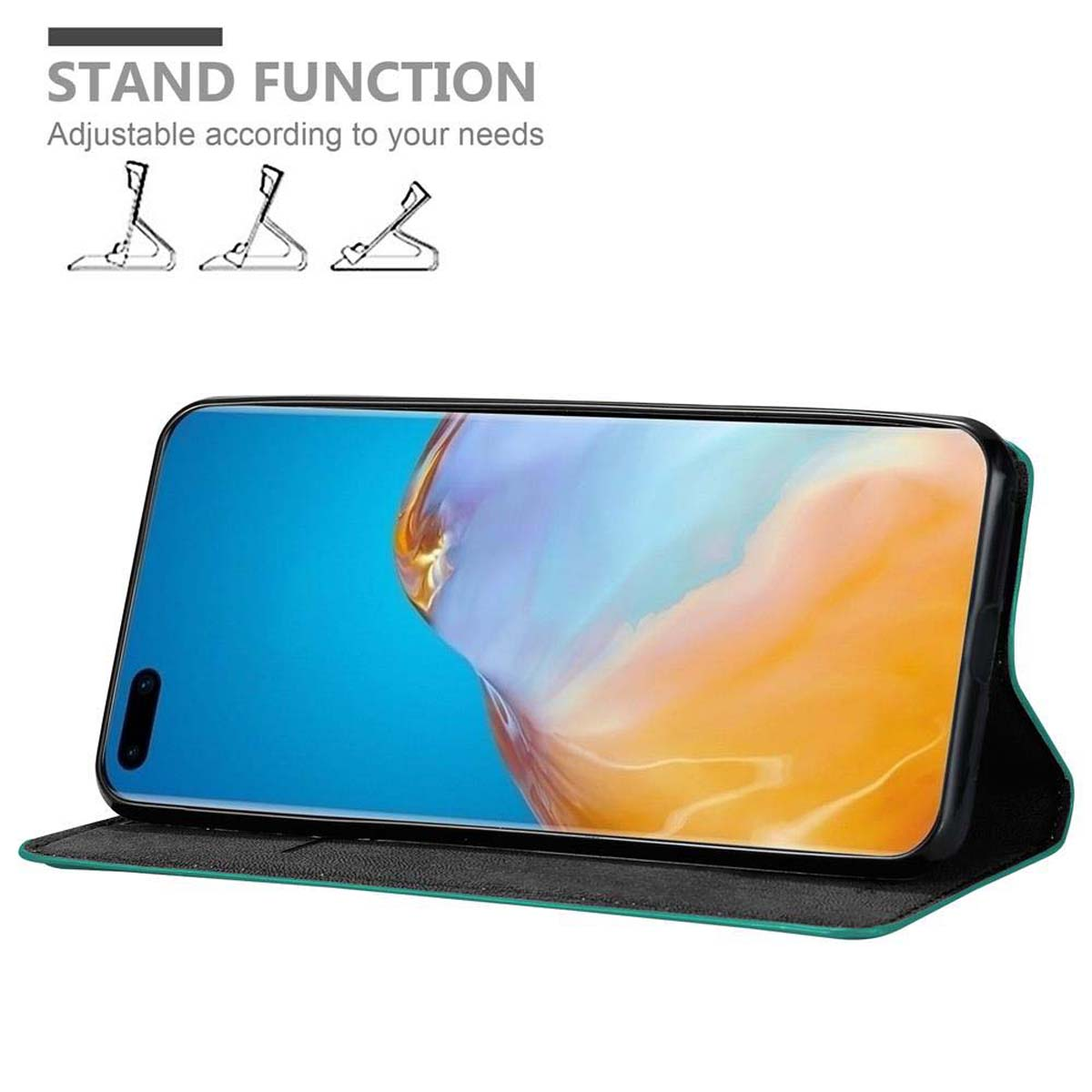 Telefono in una custodia con funzione stand. Interno verde e opzioni stand visibili.
