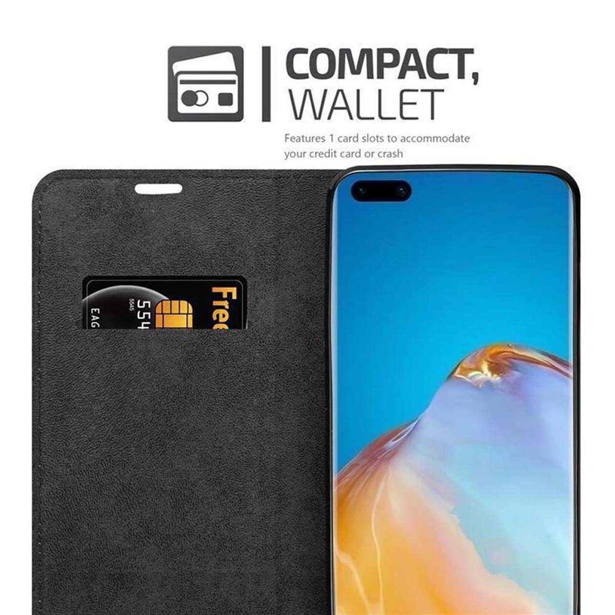 Un telefono in una custodia nera, con una carta in uno slot, che mostra uno schermo.