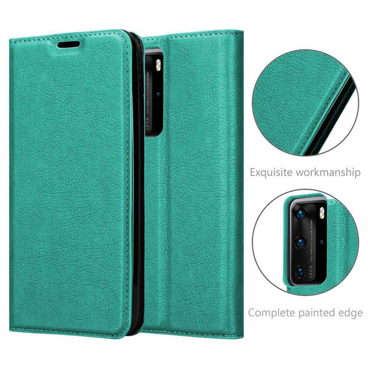 Una custodia per telefono verde acqua, aperta e chiusa. La custodia presenta un ritaglio per la fotocamera e cuciture.