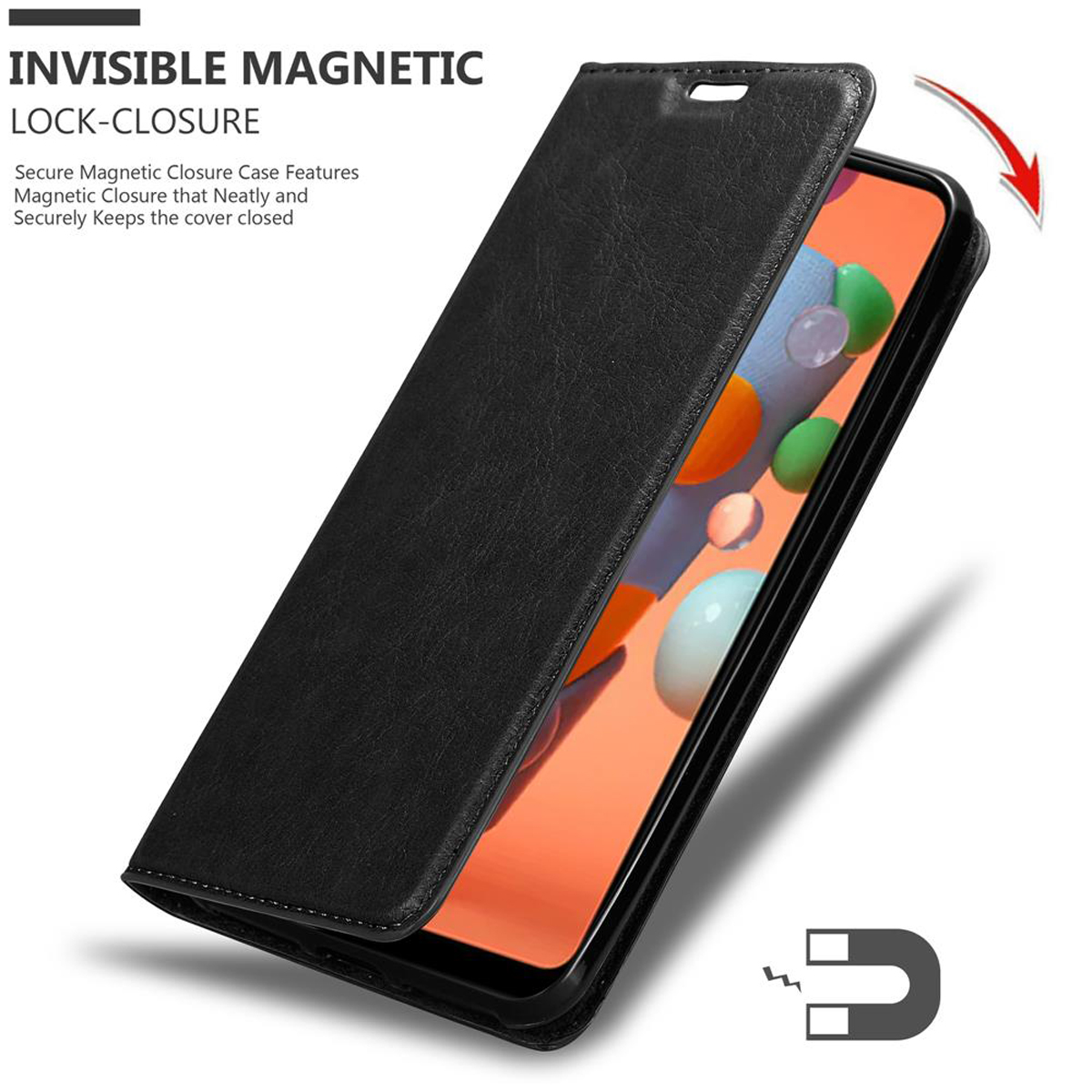 Custodia per telefono nera aperta. Il telefono è visibile all'interno. Una freccia mostra una chiusura magnetica.