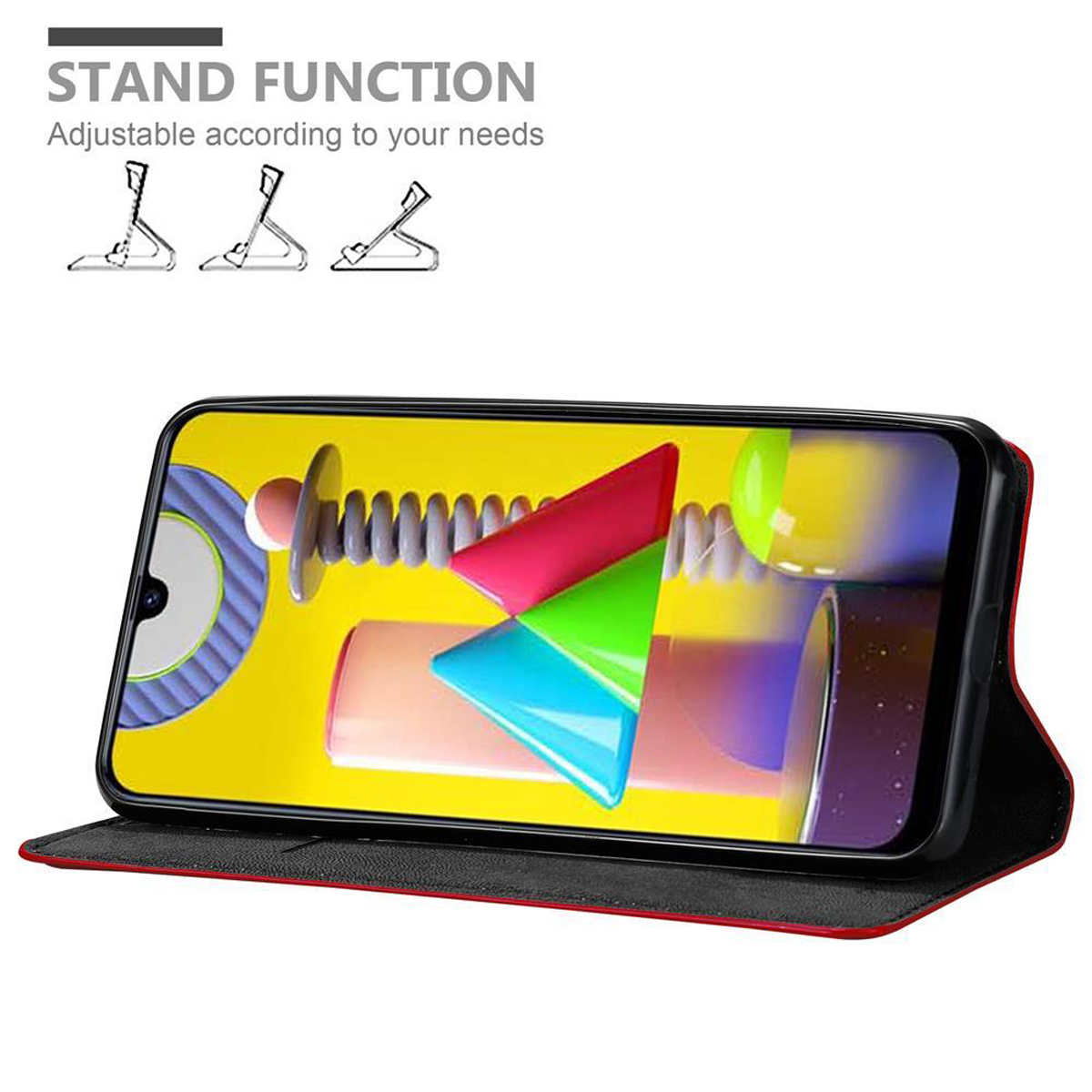 Custodia per telefono con telefono dentro, schermo mostra forme colorate. Funzione supporto regolabile.