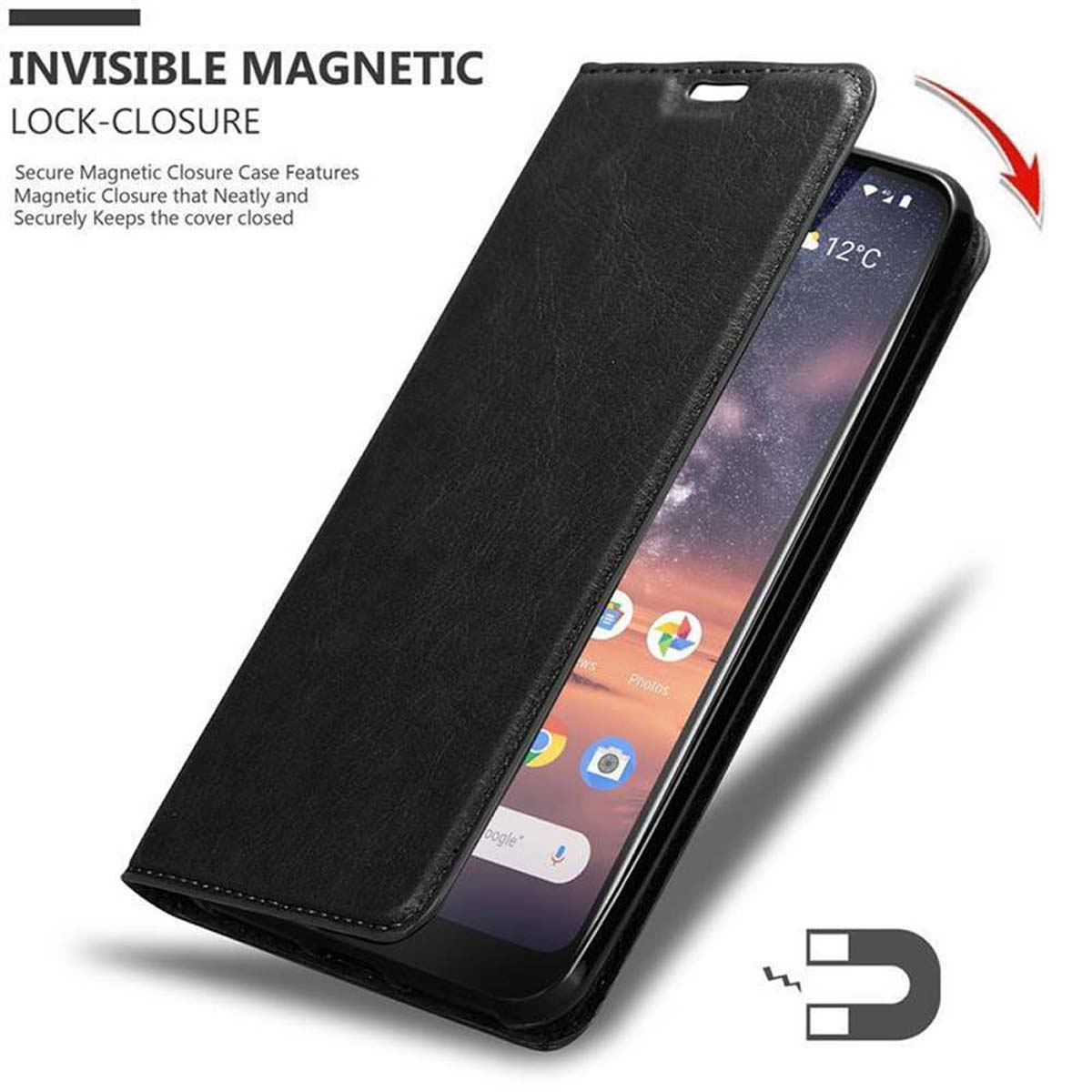 Custodia per telefono in pelle nera, aperta, che rivela uno smartphone. Chiusura magnetica evidenziata.