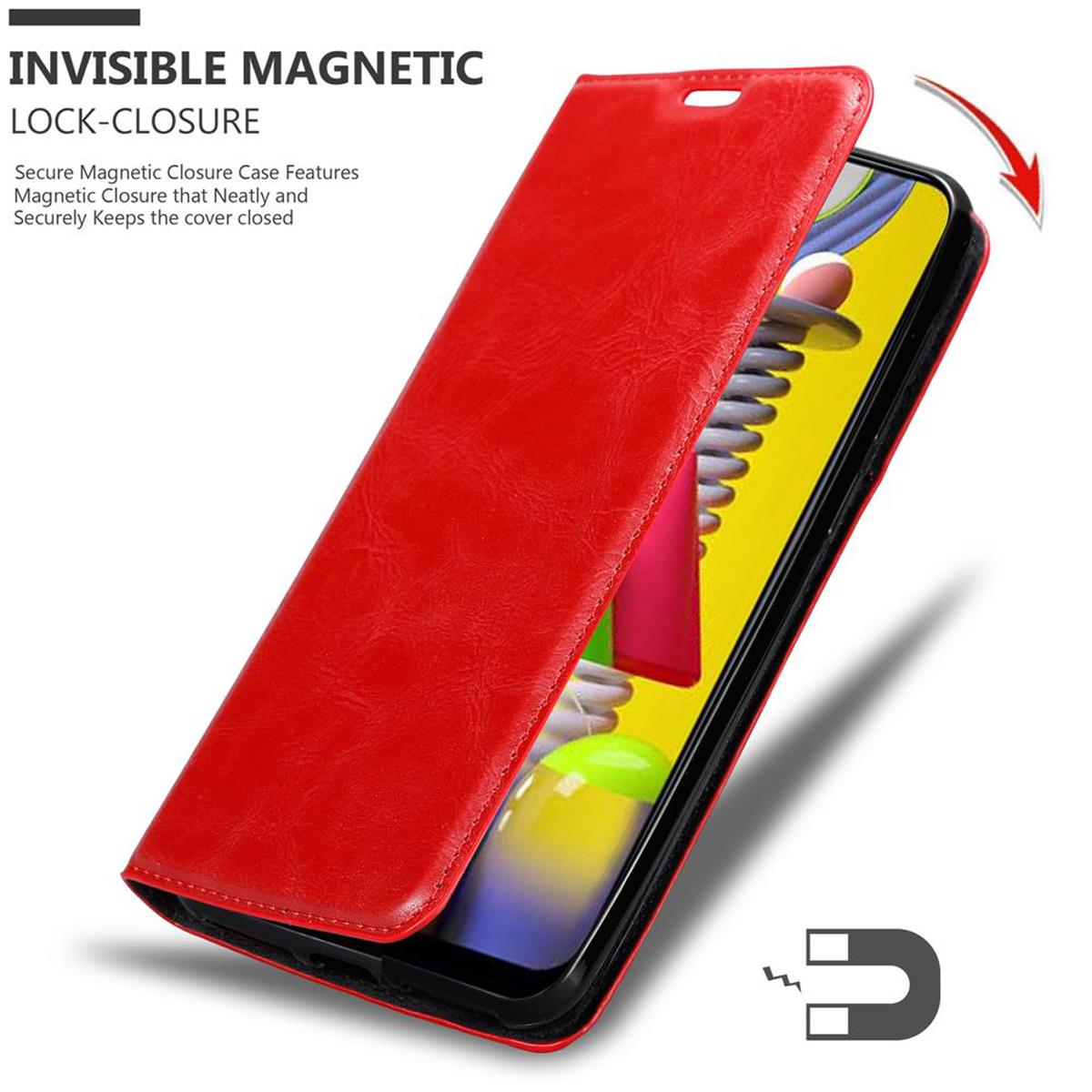 Custodia telefono rossa aperta, mostra telefono. Un magnete è sul coperchio.