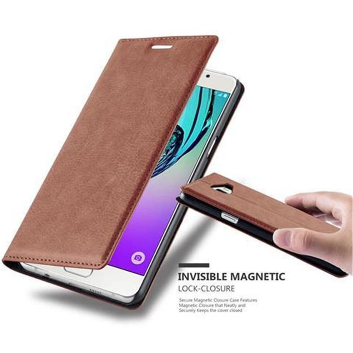 Funda de teléfono marrón, abierta. El teléfono está dentro. La funda tiene cierre magnético.