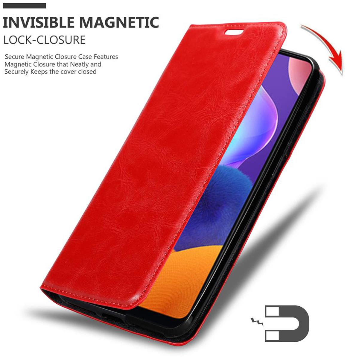 Rote Leder-Handyhülle offen. Telefon innen. Magnetverschluss. Schwarzes Telefon.