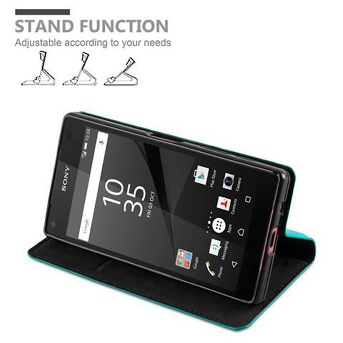 Telefono Sony in custodia, funzione stand, sfondo bianco.