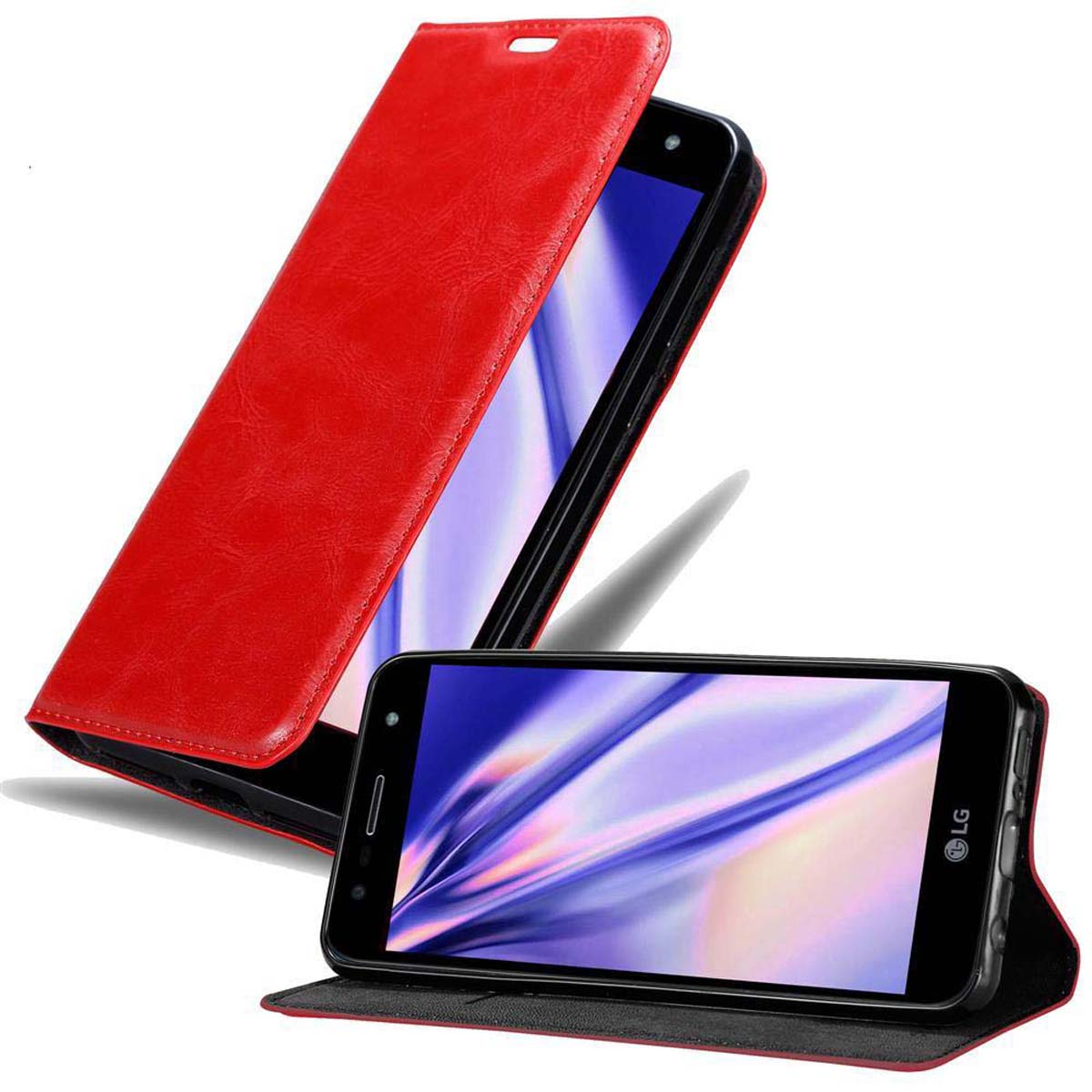 Custodia rossa per telefono con telefono dentro e aperta per mostrare lo schermo. Sfondo bianco.