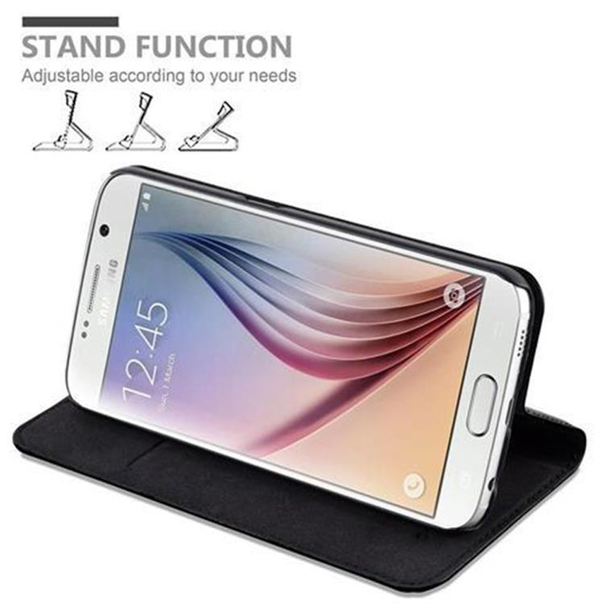 Telefono in custodia nera in modalità stand. Testo: Funzione stand. Sfondo bianco.