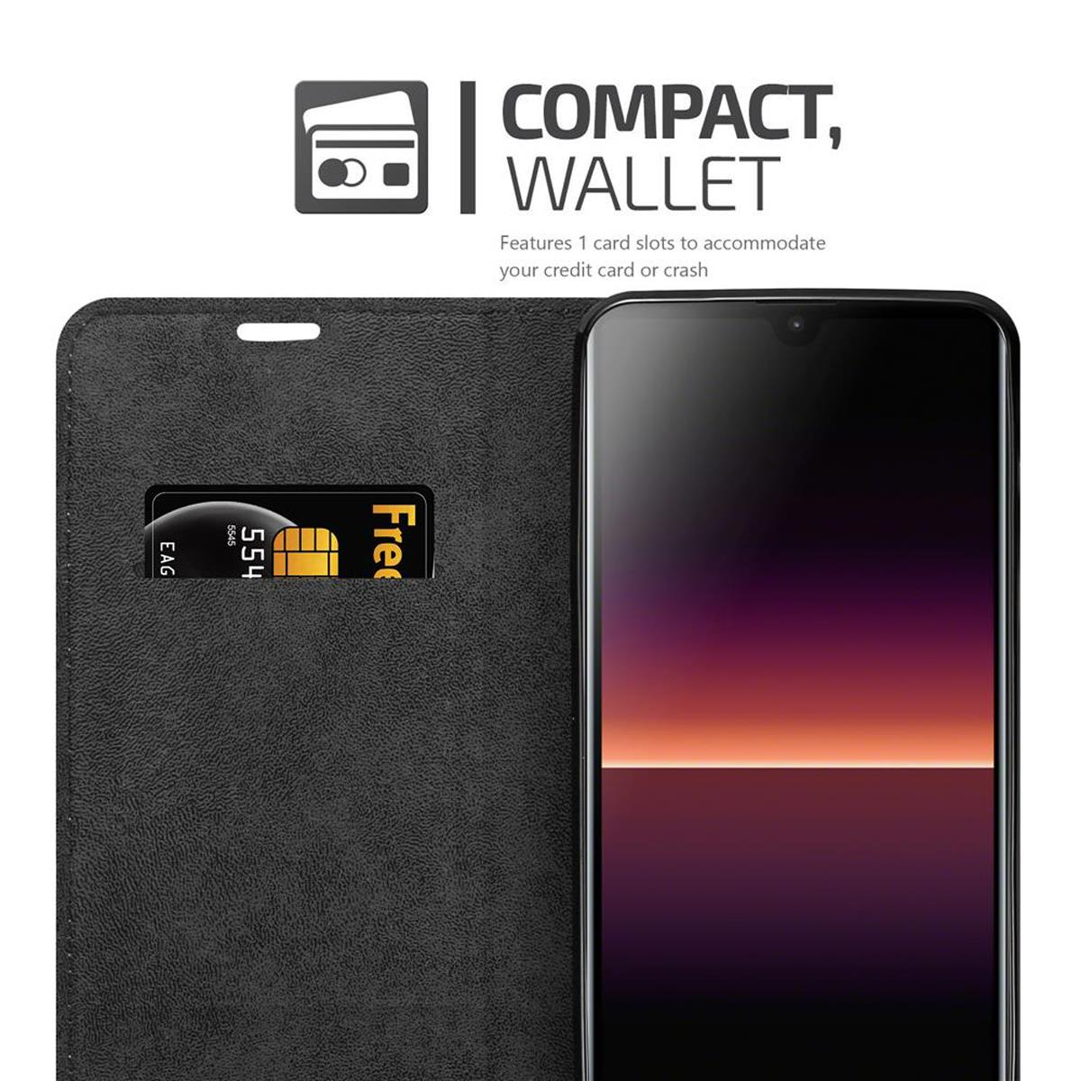 Eine schwarze Handyhülle, offen, mit einem Kartenfach und einem Telefon darin.