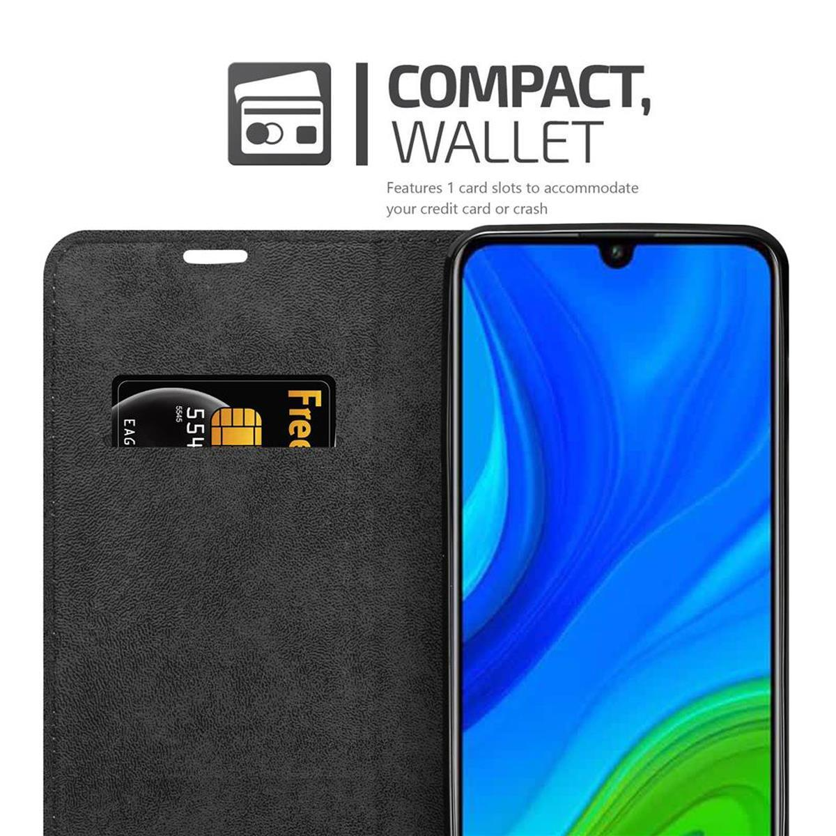 Custodia per telefono nera con slot per carte di credito e telefono, il testo recita 'COMPACT WALLET'.