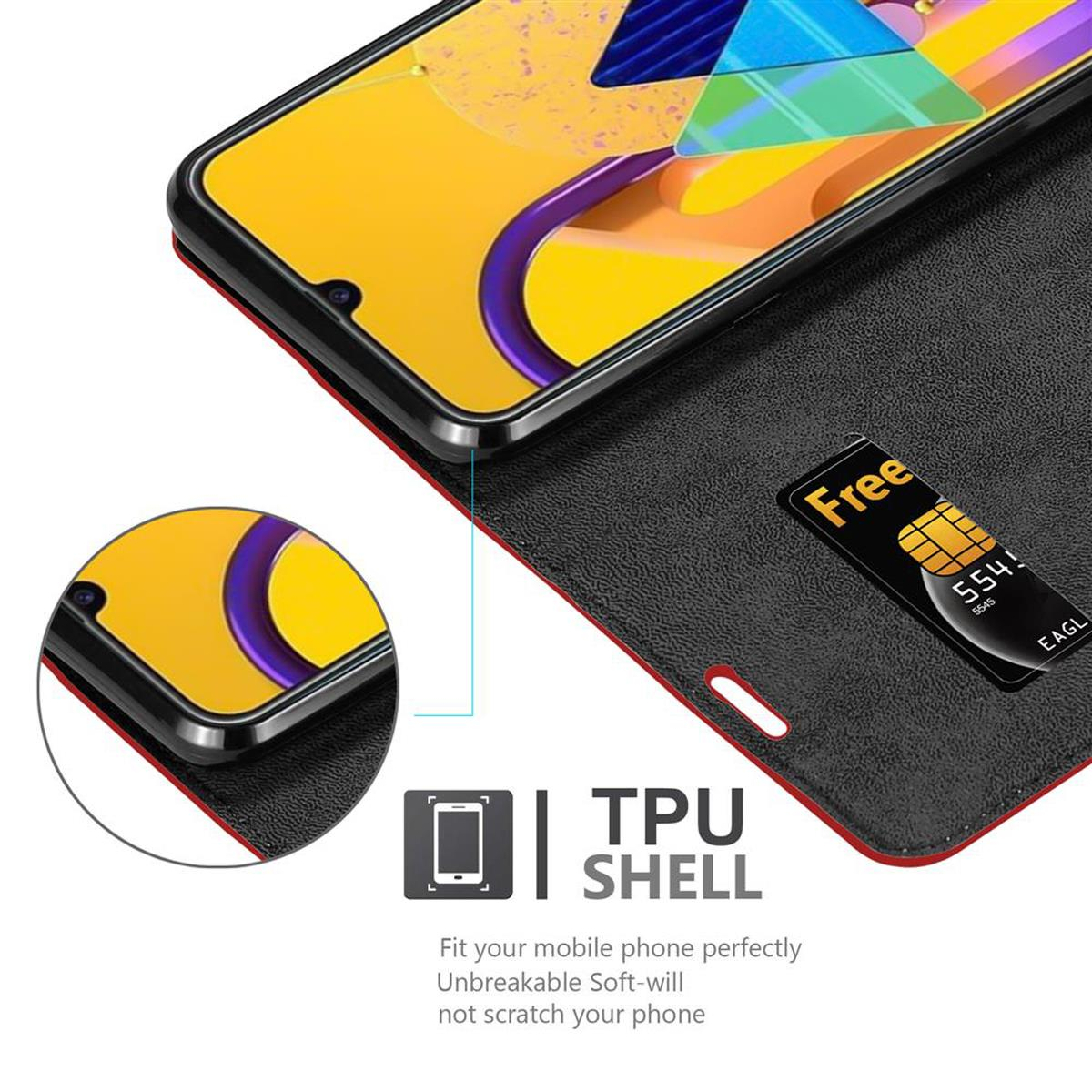 Telefono in una custodia aperta, con una carta di credito inserita in uno slot.