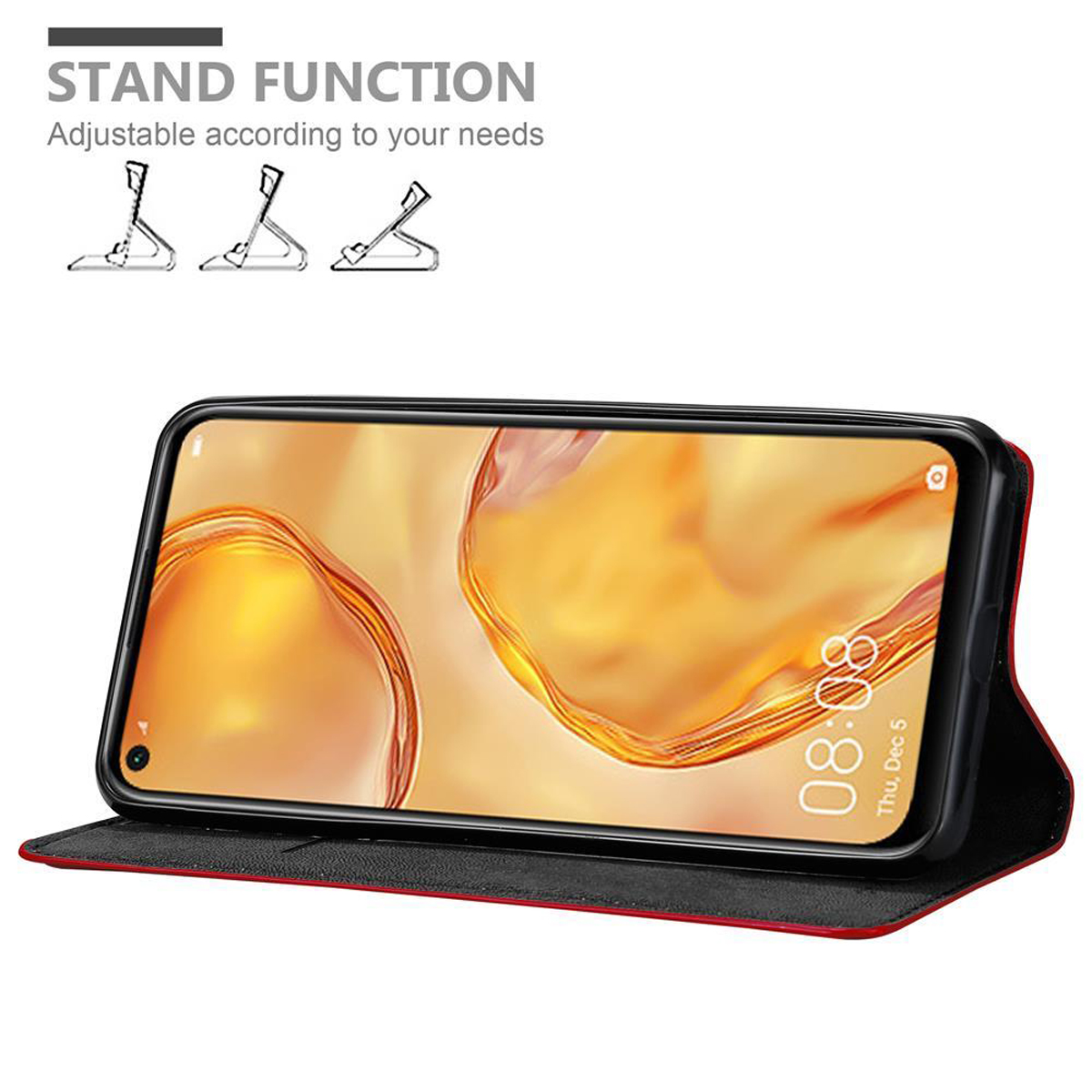 Telefono in una custodia rossa e nera, aperto per mostrare lo schermo con illustrazioni della funzione stand.