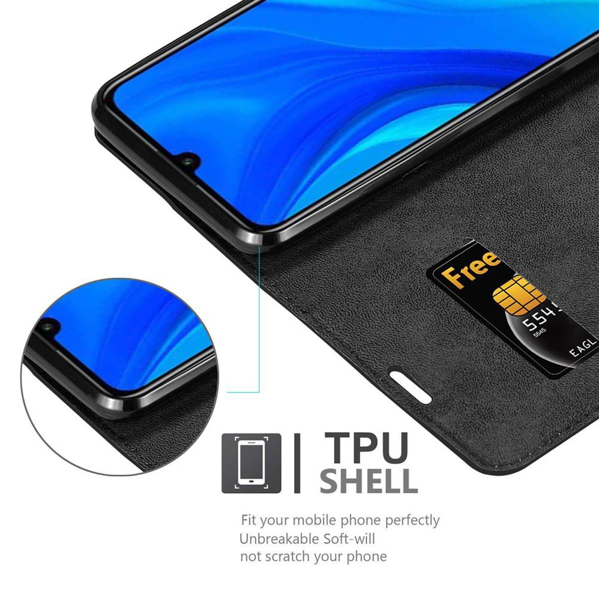 Custodia per telefono nera con fessure per carte, una carta gratuita e un telefono all'interno.