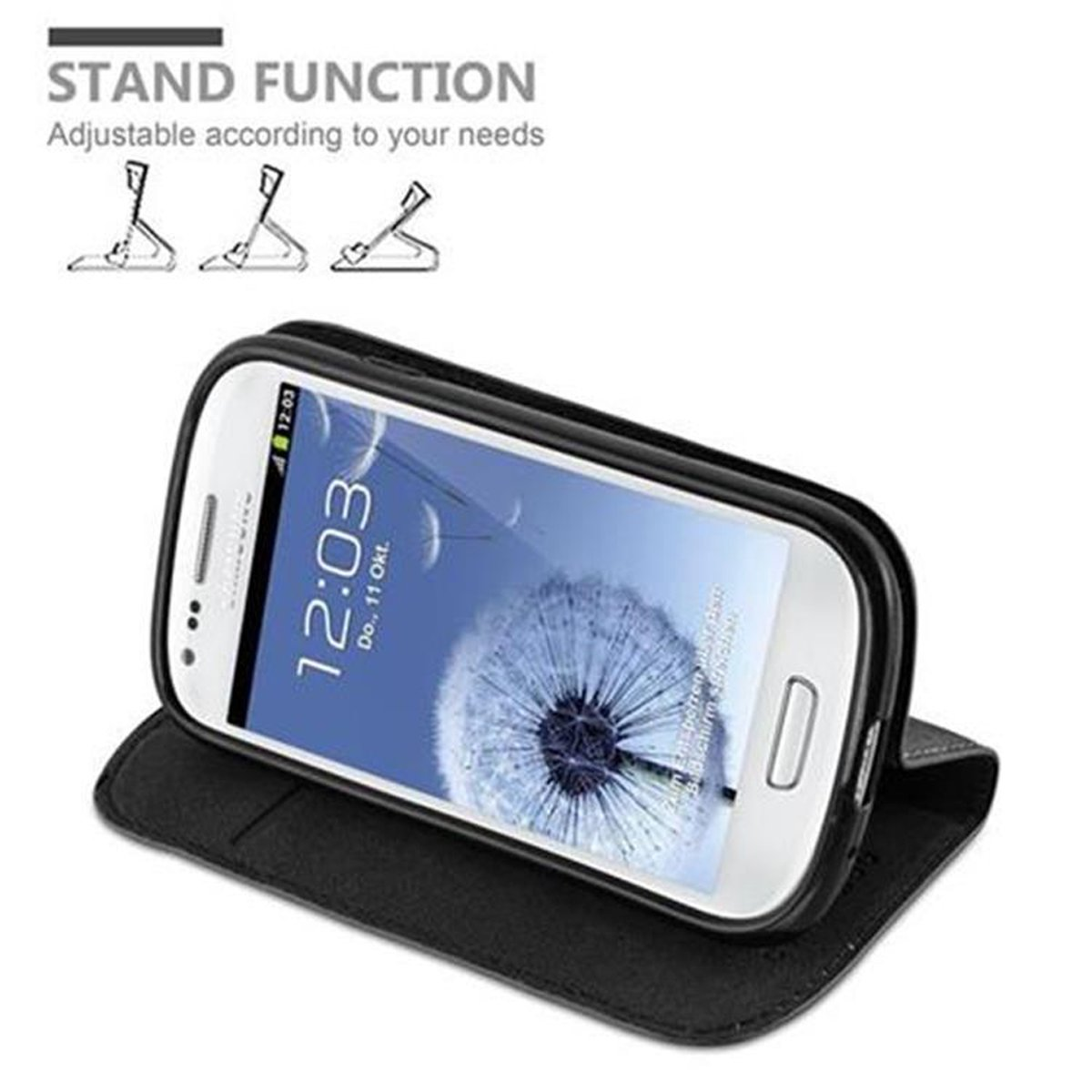 Una funda negra para teléfono con un teléfono dentro, que muestra una pantalla con una hora.