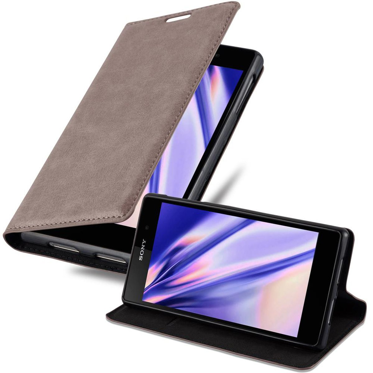 Eine braune Handyhülle ist geöffnet und zeigt ein Telefon mit farbenfrohem Display auf weißem Hintergrund.