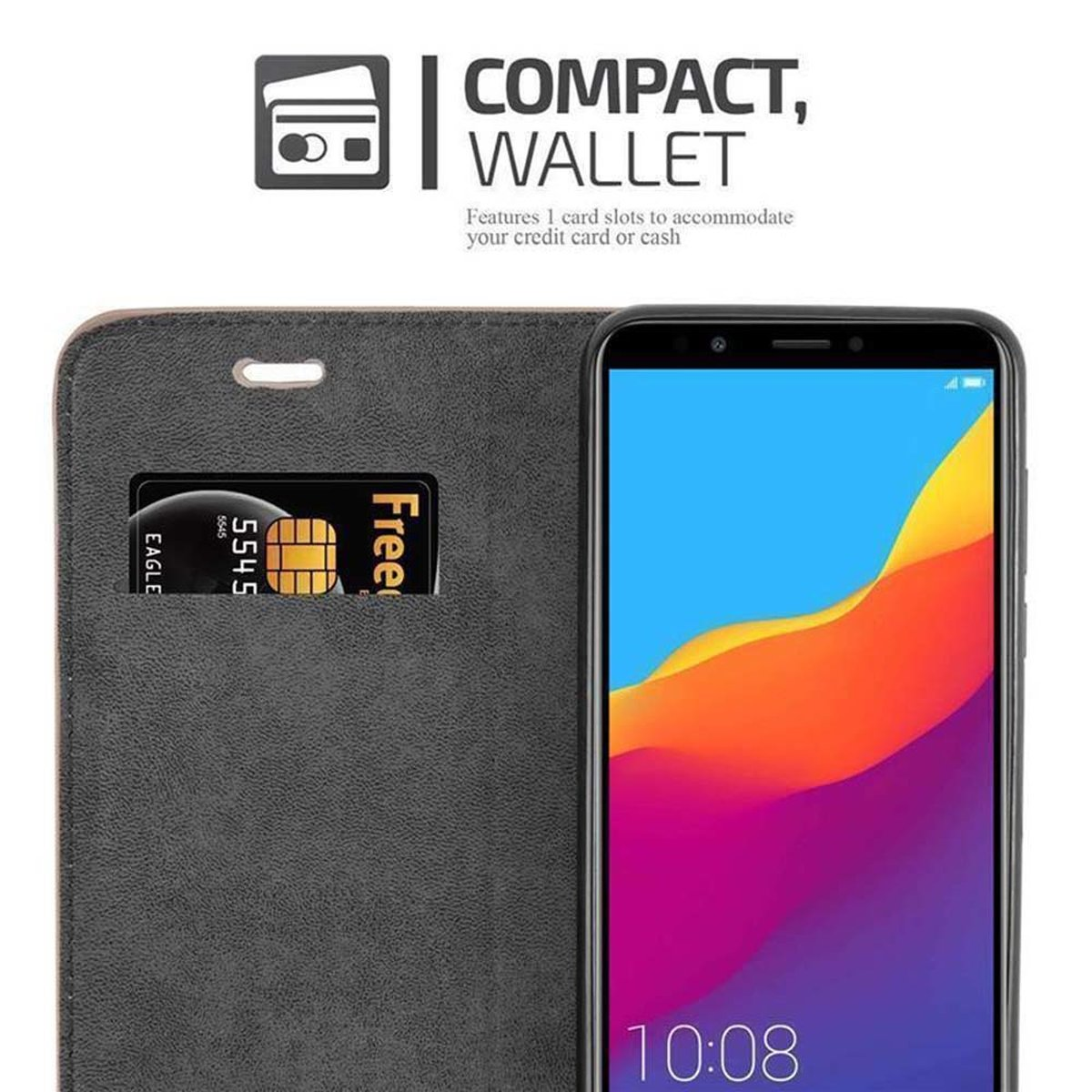 Custodia nera per telefono con slot per carte, che mostra lo schermo e una carta di credito.