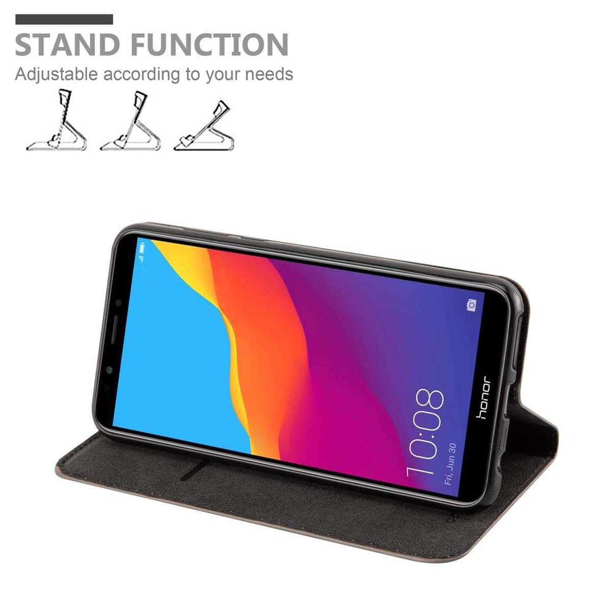 Un telefono in una custodia, con un'immagine colorata sullo schermo. La custodia è piegata per funzionare come supporto.