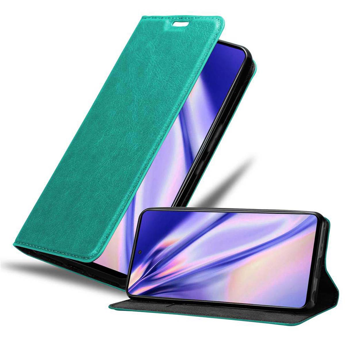 Eine grüne Smartphone-Hülle mit einem schwarzen Telefon. Das Telefon liegt quer.