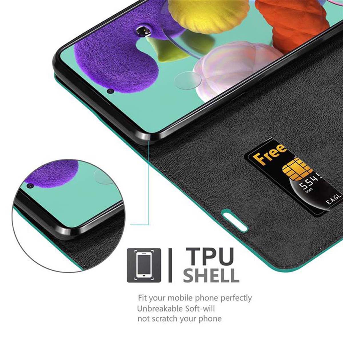 Schwarze Handyhülle mit Telefon. Das Telefon hat einen bunten Bildschirm. Die Hülle ist offen. Der Hintergrund ist schwarz.