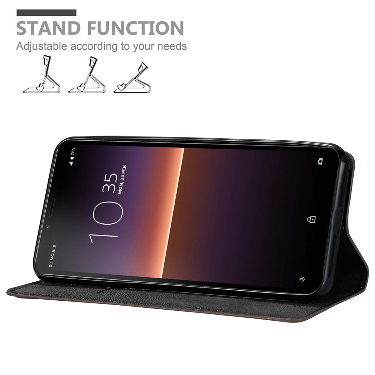 Telefon in einer Hülle. Standfunktion-Etikett mit Ständeroptionen. Telefon zeigt Zeit an.