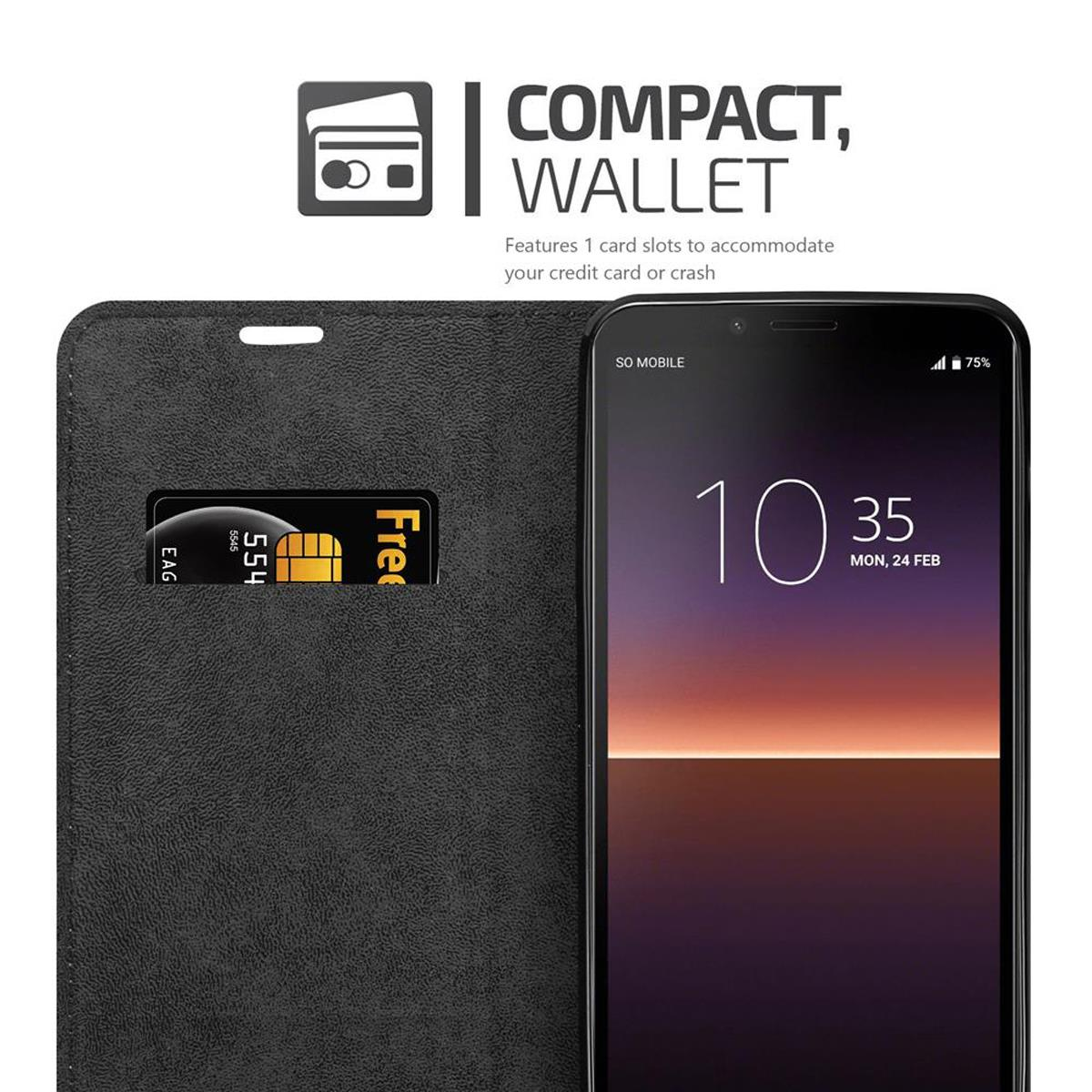 Custodia nera per telefono aperta con telefono e carta di credito. Testo: 'Compact, Wallet'.