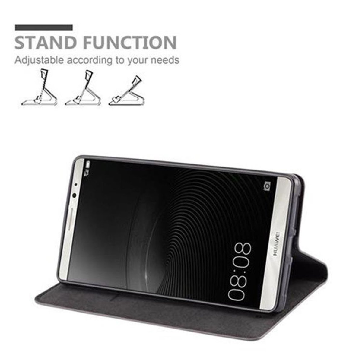 Telefono in una custodia, aperto e appoggiato. Testo: Funzione supporto. Diagrammi che mostrano diverse angolazioni. Sfondo bianco.