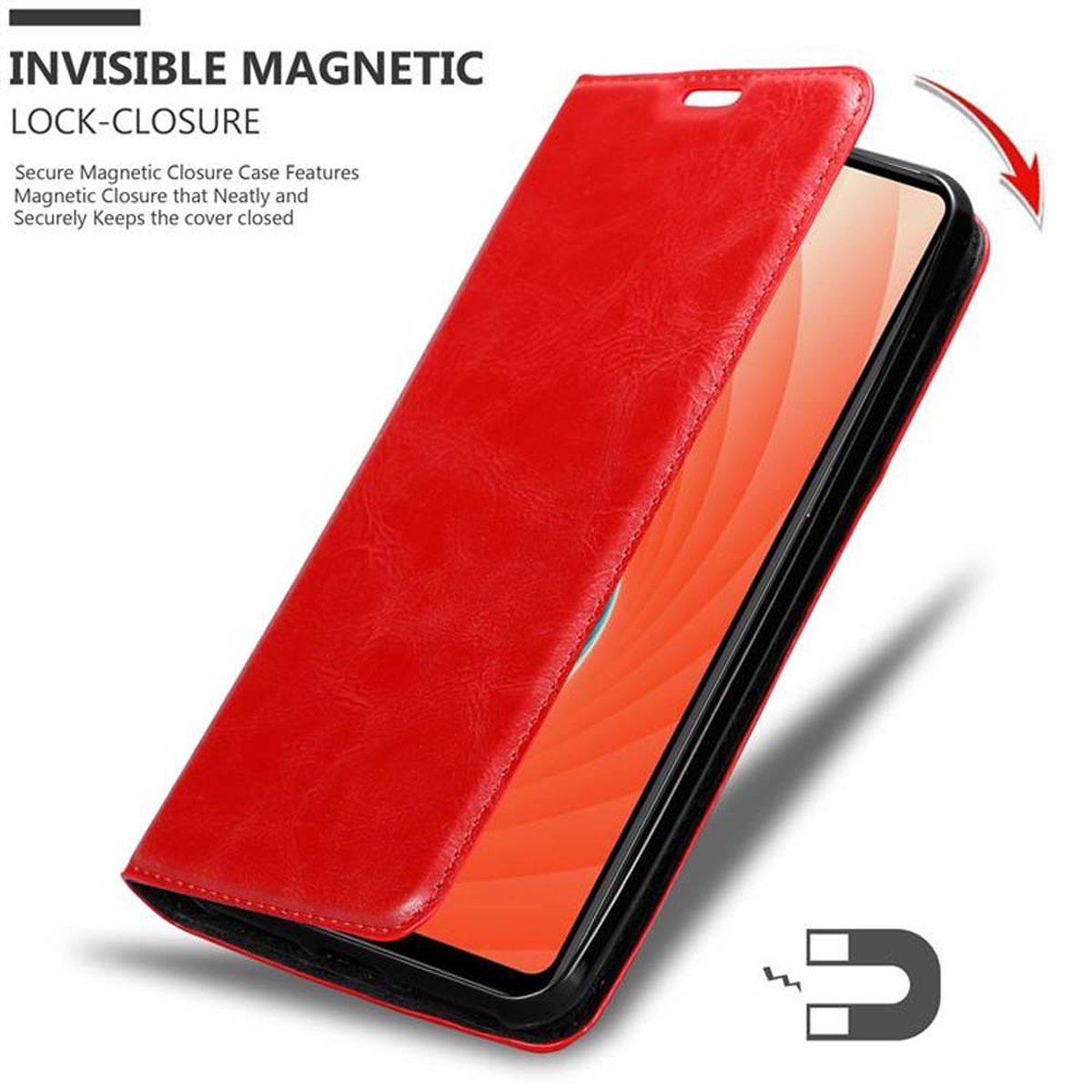 Custodia rossa per telefono con coperchio aperto. Schermo nero del telefono visibile. Chiusura magnetica evidenziata.