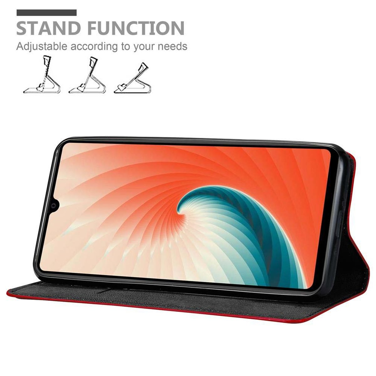 Smartphone in una custodia, rialzato per la visualizzazione. La custodia ha una funzione stand. Schermo visibile.