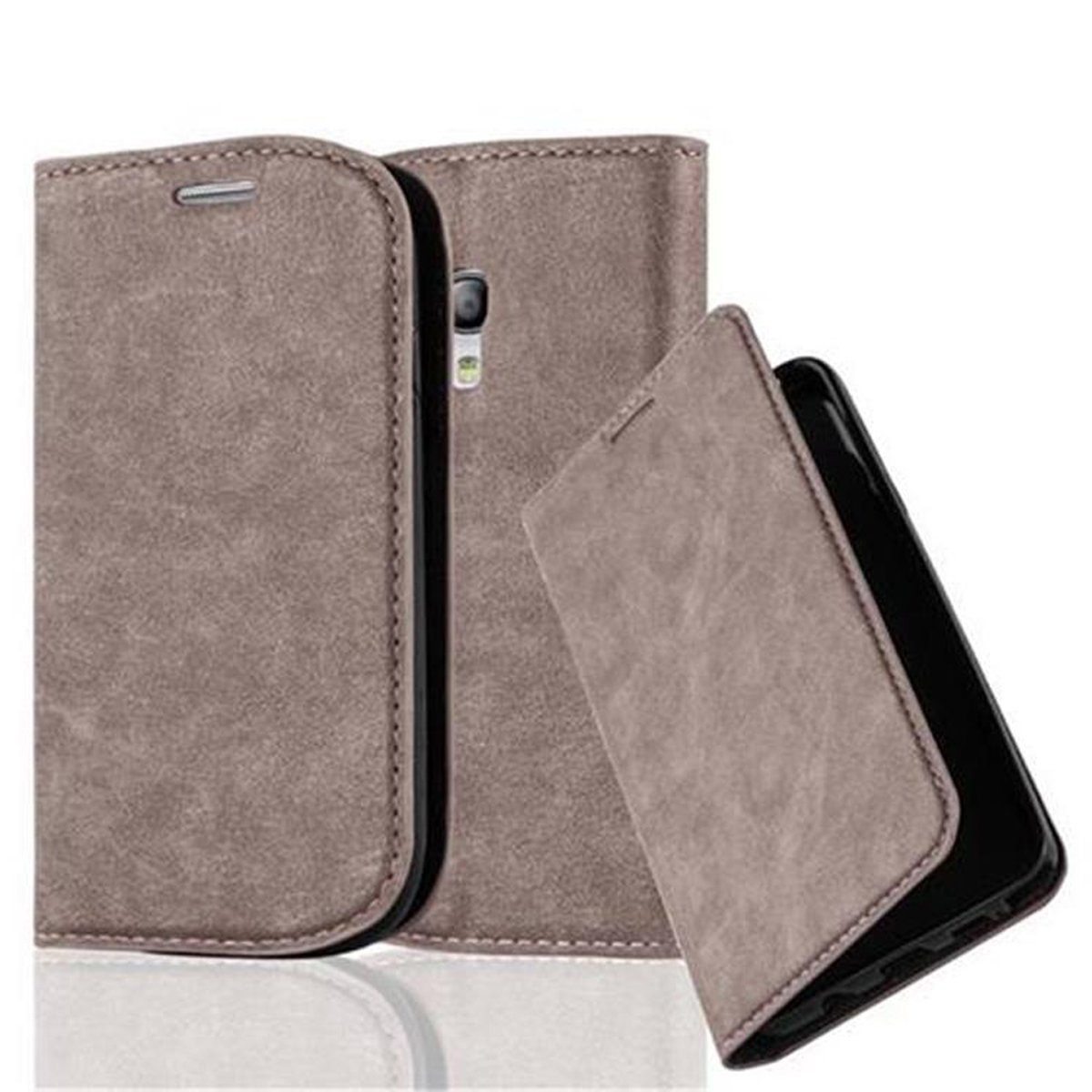 Una funda de teléfono marrón, con un teléfono dentro y la funda abierta. El teléfono muestra una pantalla.