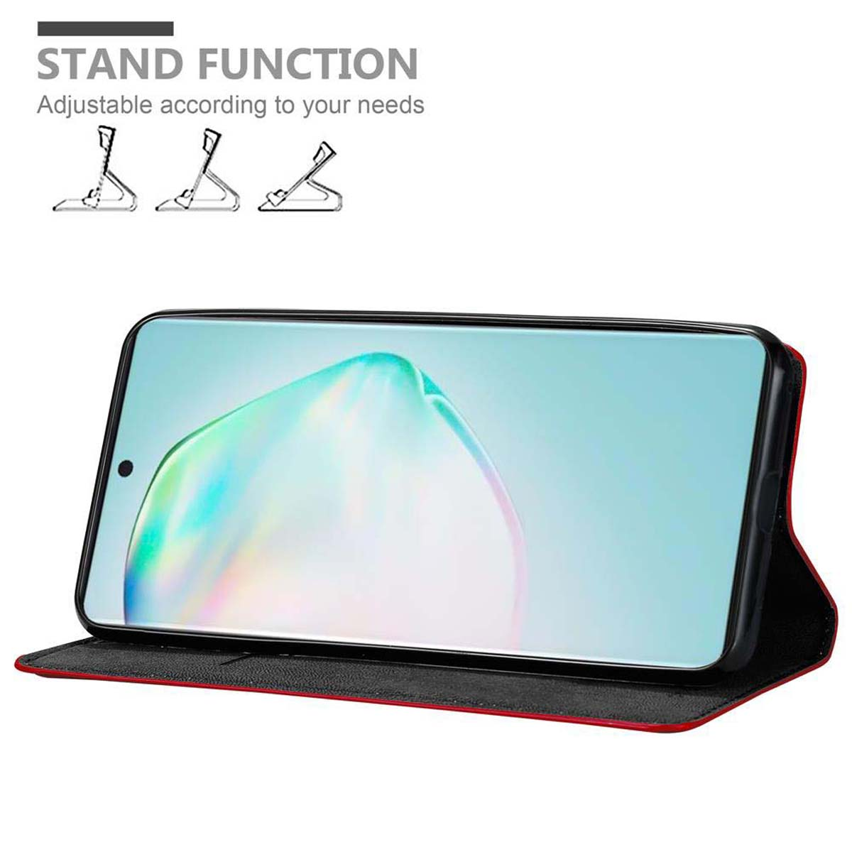 Smartphone in custodia nera e rossa con schermo visualizzato, aperto, sfondo bianco.