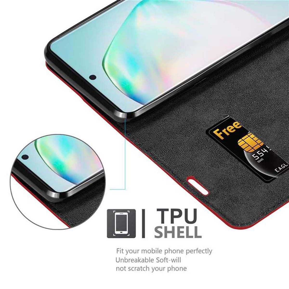 Custodia per telefono nera aperta con telefono, che mostra uno schermo e uno slot per carte di credito.