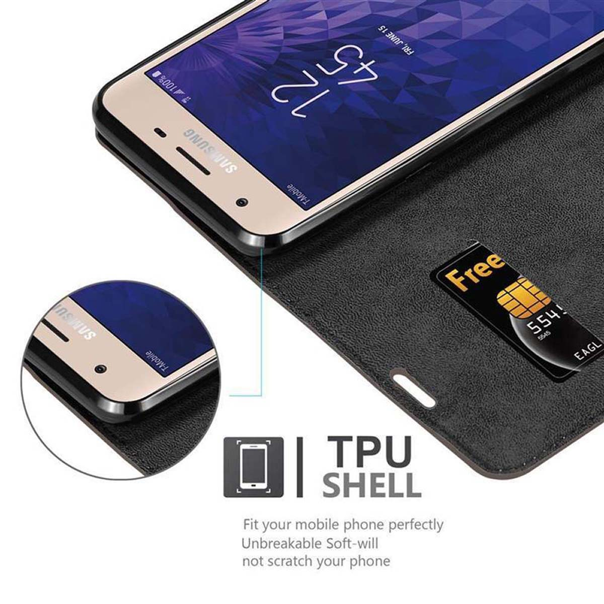 Uno smartphone Samsung all'interno di una custodia nera. Il telefono mostra l'ora e la data sullo schermo.