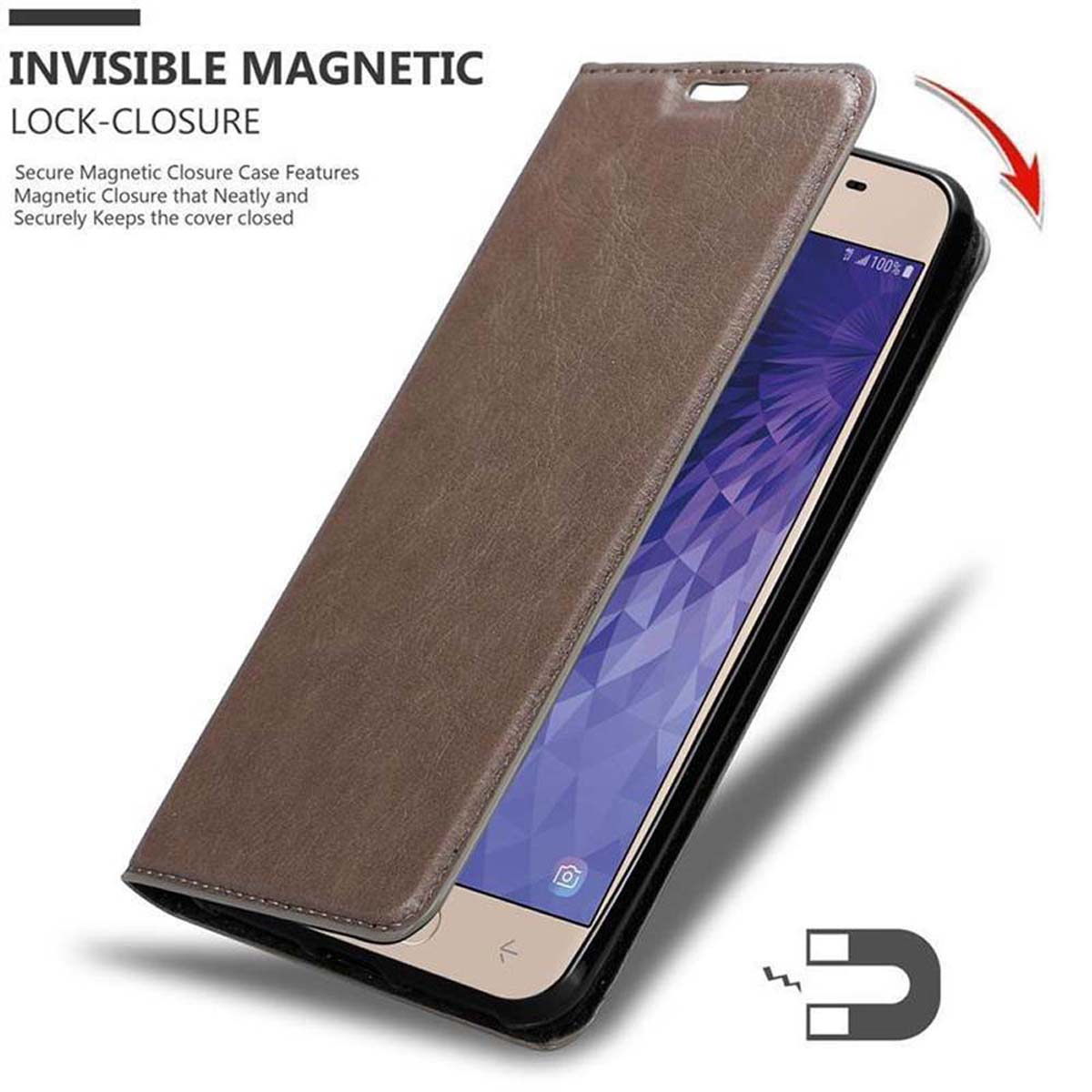 2018, J3 Book Invisible Magnet, CADORABO Samsung, Galaxy KAFFEE Bookcover, BRAUN Hülle