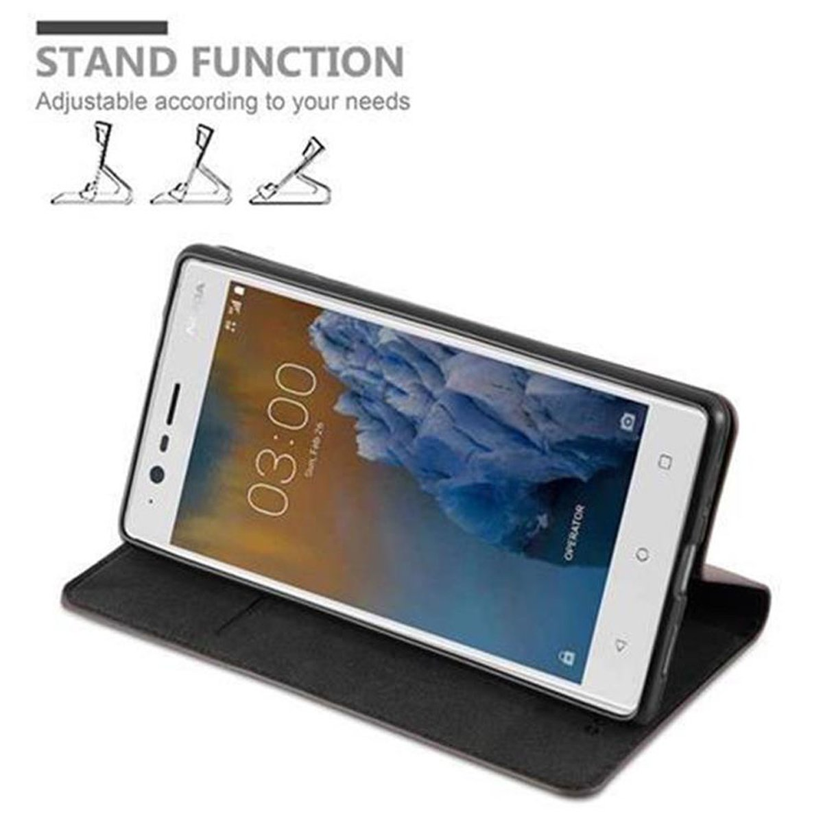 Schwarzes Telefon in schwarzem Gehäuse, zeigt Uhrzeit. Standfunktion und Diagramme sind abgebildet.