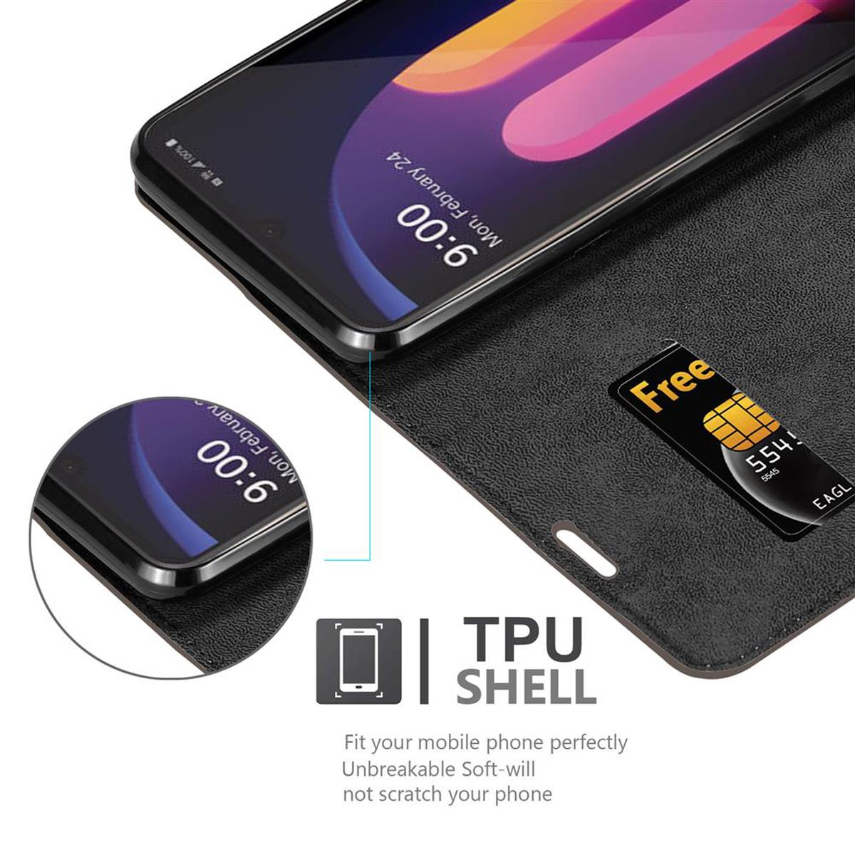 Telefon in einem Case mit sichtbarer SIM-Karte. Das Telefon zeigt Datum und Uhrzeit.