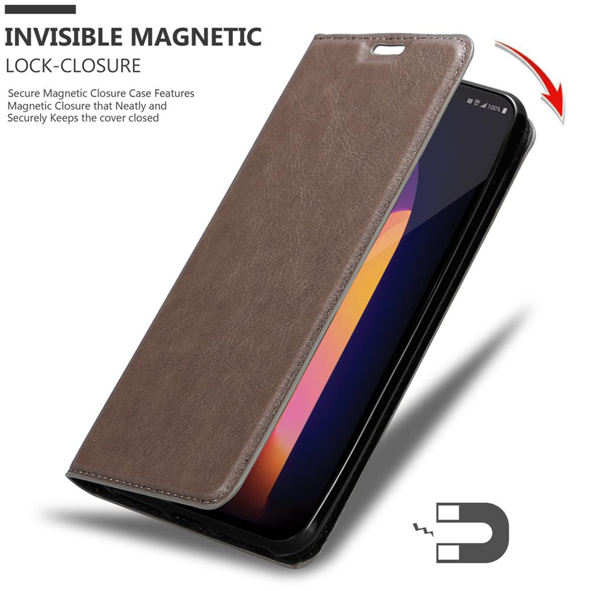 Geöffnete braune Handyhülle, zeigt ein Telefon. Magnet-Symbol vorhanden.