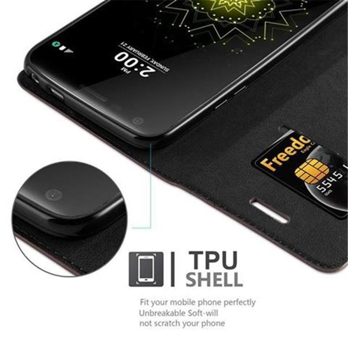 Smartphone in schwarzem Etui mit Kartenfach. Etui mit TPU-Schale und Fallschutz.