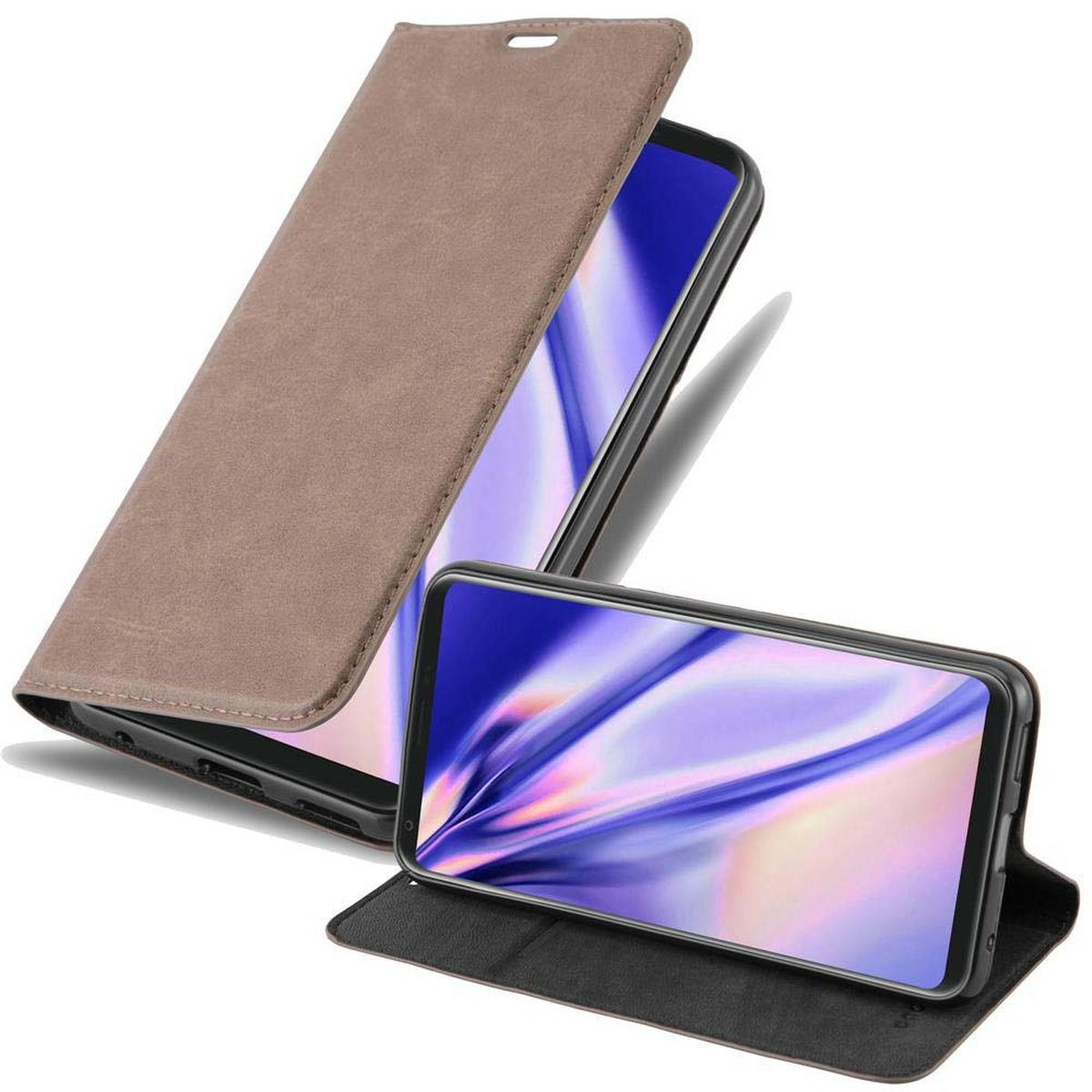 Ein Telefon in einer braunen Lederhülle. Der Bildschirm zeigt ein lila-blaues Bild. Die Hülle ist offen.